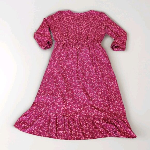 Old Navy Faux Wrap Dress Women L Wine LS Midi Lined Ruffles Dainty Floral Boho - Picture 16 of 16